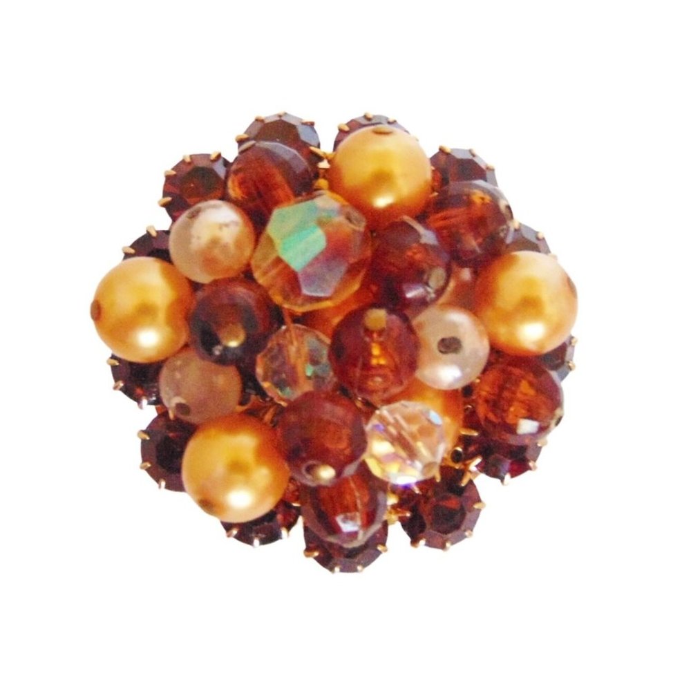 Vintage Brown Bead and Rhinestone Crystal Layered Gold Tone Brooch 2" Diameter